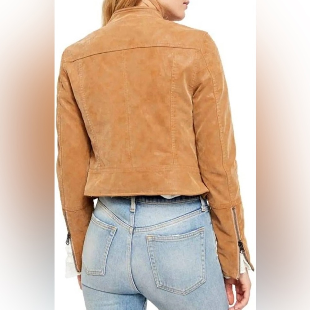 Free People fenix faux Leather Motorcycle Jacket tan brown women’s size large - Picture 10 of 11